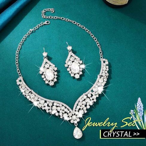 مجموعة مجوهرات الزفاف الكريستالية الفضية من حجر الراين وأقراط وقلادات الزفاف للنساء in Kuwait
