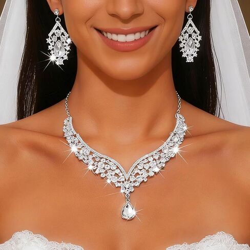 مجموعة مجوهرات الزفاف الكريستالية الفضية من حجر الراين وأقراط وقلادات الزفاف للنساء in Kuwait