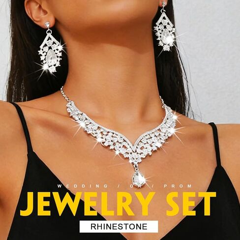 مجموعة مجوهرات الزفاف الكريستالية الفضية من حجر الراين وأقراط وقلادات الزفاف للنساء in Kuwait