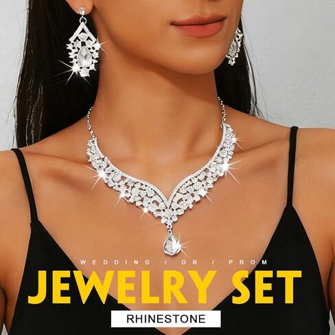 مجموعة مجوهرات الزفاف الكريستالية الفضية من حجر الراين وأقراط وقلادات الزفاف للنساء in Kuwait