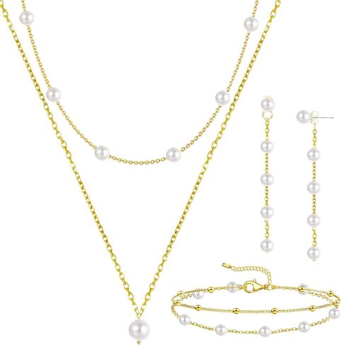 مجموعة مجوهرات اللؤلؤ للنساء أنيقة مطلية بالذهب بطبقات من اللؤلؤ الصناعي قلادة متدلية أقراط متدلية من اللؤلؤ الزجاجي مطرز بسلسلة أساور هدايا عيد الميلاد لوصيفة العروس in Kuwait