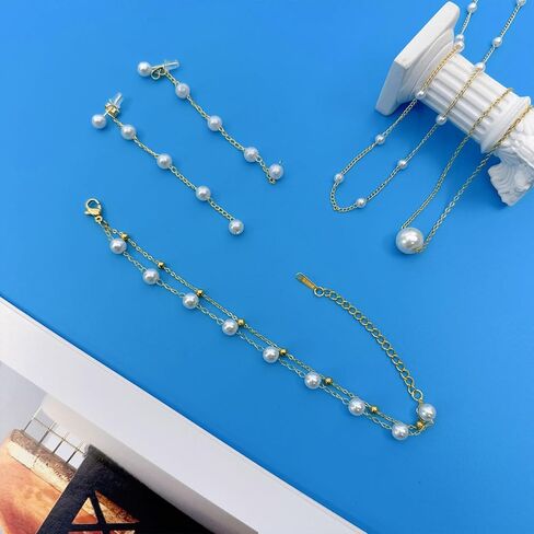 مجموعة مجوهرات اللؤلؤ للنساء أنيقة مطلية بالذهب بطبقات من اللؤلؤ الصناعي قلادة متدلية أقراط متدلية من اللؤلؤ الزجاجي مطرز بسلسلة أساور هدايا عيد الميلاد لوصيفة العروس in Kuwait