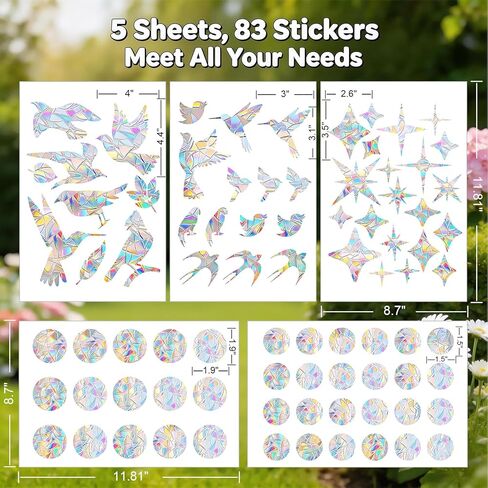 83 Pcs Bird-Friendly Window Clings – Anti-Collision Decals to Protect Birds – Non-Adhesive Reusable Stickers with Stars, Circles, Diamonds & Birds for Glass Doors & Windows in Kuwait