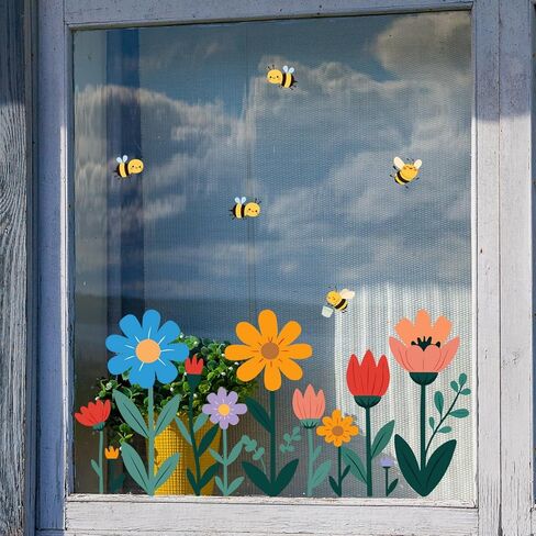 1 Sheet Large Cute Flower Window Clings Cartoon Bee Floral Spring Window Decals，Colorful Double-Sided Stickers for Glass Summer Holiday Decor for Home Office Room Indoor in Saudi Arabia
