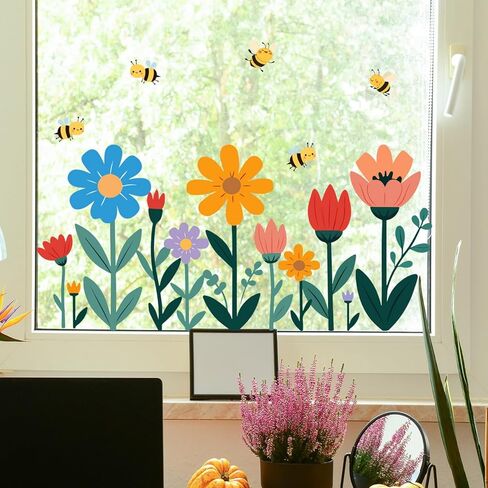 1 Sheet Large Cute Flower Window Clings Cartoon Bee Floral Spring Window Decals，Colorful Double-Sided Stickers for Glass Summer Holiday Decor for Home Office Room Indoor in Saudi Arabia