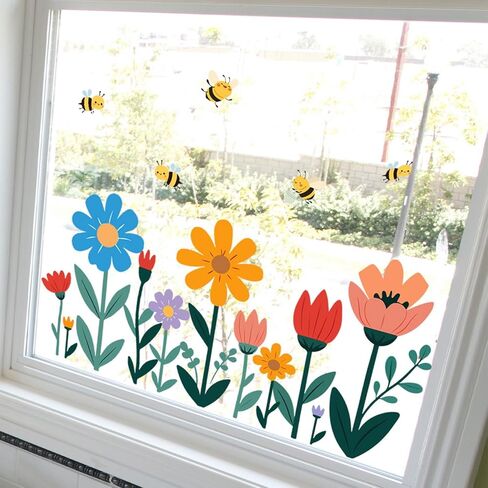 1 Sheet Large Cute Flower Window Clings Cartoon Bee Floral Spring Window Decals，Colorful Double-Sided Stickers for Glass Summer Holiday Decor for Home Office Room Indoor in Saudi Arabia