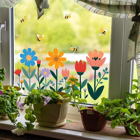 1 Sheet Large Cute Flower Window Clings Cartoon Bee Floral Spring Window Decals，Colorful Double-Sided Stickers for Glass Summer Holiday Decor for Home Office Room Indoor in Saudi Arabia
