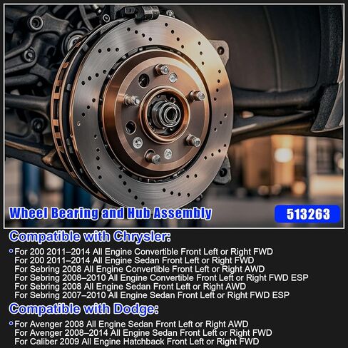 513263 Front Wheel Bearing and Hub Assembly Fit for Chrysler 200 2011–2014, for Sebring/Cirrus 2007–2010, for Dodge Avenger 2008–2014; 5-Lug W/ABS in Kuwait