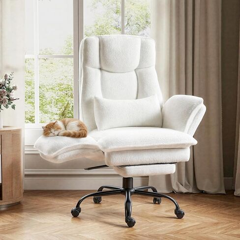 Office Chair,Big and Tall Heavy-Duty Executive Reclining Computer Gaming Chair with Foot Rest,Flip Armrest,Lumbar Pillow&Thicken Wider Seat for Criss Cross Legged Desk Vanity Chair,Teddy Fabric White in Kuwait