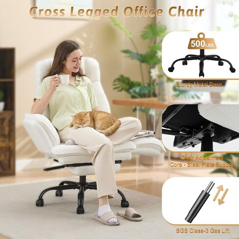 Office Chair,Big and Tall Heavy-Duty Executive Reclining Computer Gaming Chair with Foot Rest,Flip Armrest,Lumbar Pillow&Thicken Wider Seat for Criss Cross Legged Desk Vanity Chair,Teddy Fabric White in Kuwait