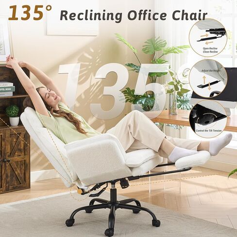 Office Chair,Big and Tall Heavy-Duty Executive Reclining Computer Gaming Chair with Foot Rest,Flip Armrest,Lumbar Pillow&Thicken Wider Seat for Criss Cross Legged Desk Vanity Chair,Teddy Fabric White in Kuwait