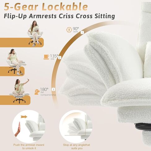 Office Chair,Big and Tall Heavy-Duty Executive Reclining Computer Gaming Chair with Foot Rest,Flip Armrest,Lumbar Pillow&Thicken Wider Seat for Criss Cross Legged Desk Vanity Chair,Teddy Fabric White in Kuwait