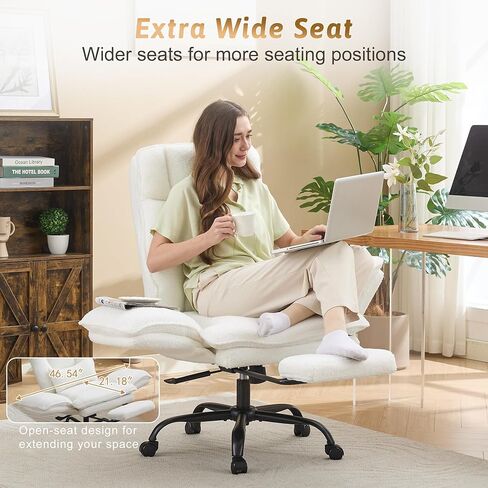Office Chair,Big and Tall Heavy-Duty Executive Reclining Computer Gaming Chair with Foot Rest,Flip Armrest,Lumbar Pillow&Thicken Wider Seat for Criss Cross Legged Desk Vanity Chair,Teddy Fabric White in Kuwait
