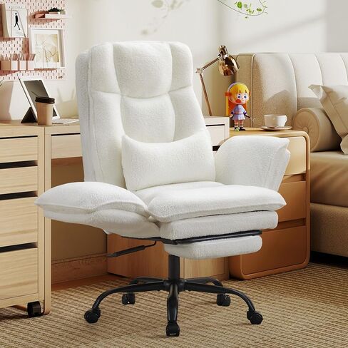 Office Chair,Big and Tall Heavy-Duty Executive Reclining Computer Gaming Chair with Foot Rest,Flip Armrest,Lumbar Pillow&Thicken Wider Seat for Criss Cross Legged Desk Vanity Chair,Teddy Fabric White in Kuwait