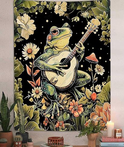 بوهو مضحك الضفدع نسيج عمودي، خمر الأخضر الداكن الأزهار الموسيقى نسيج الجدار شنقا لغرفة النوم الجمالية، الرجعية الهبي المفروشات ملصق بطانية ديكور السكن الجامعي (40X60) in Kuwait
