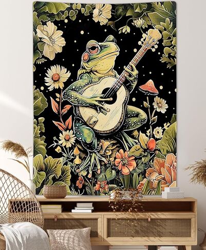 بوهو مضحك الضفدع نسيج عمودي، خمر الأخضر الداكن الأزهار الموسيقى نسيج الجدار شنقا لغرفة النوم الجمالية، الرجعية الهبي المفروشات ملصق بطانية ديكور السكن الجامعي (40X60) in Kuwait