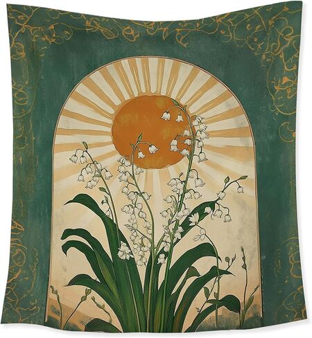 HUGANE الزمرد الأخضر زنبق الوادي بوهو نسيج الشمس، باطني الشعبية النباتية الجدار المفروشات، خمر بوهو أشعة الشمس زهرة شنقا جدار ديكور لغرفة النوم غرفة المعيشة مكتب المنزل in Kuwait