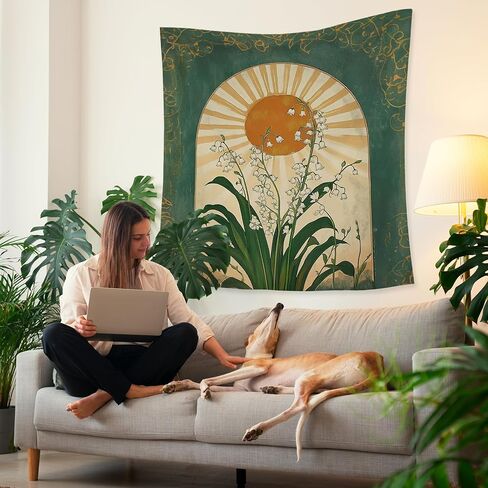 HUGANE الزمرد الأخضر زنبق الوادي بوهو نسيج الشمس، باطني الشعبية النباتية الجدار المفروشات، خمر بوهو أشعة الشمس زهرة شنقا جدار ديكور لغرفة النوم غرفة المعيشة مكتب المنزل in Kuwait