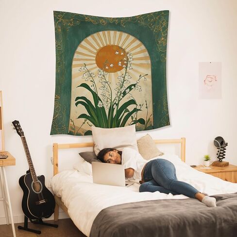 HUGANE الزمرد الأخضر زنبق الوادي بوهو نسيج الشمس، باطني الشعبية النباتية الجدار المفروشات، خمر بوهو أشعة الشمس زهرة شنقا جدار ديكور لغرفة النوم غرفة المعيشة مكتب المنزل in Kuwait