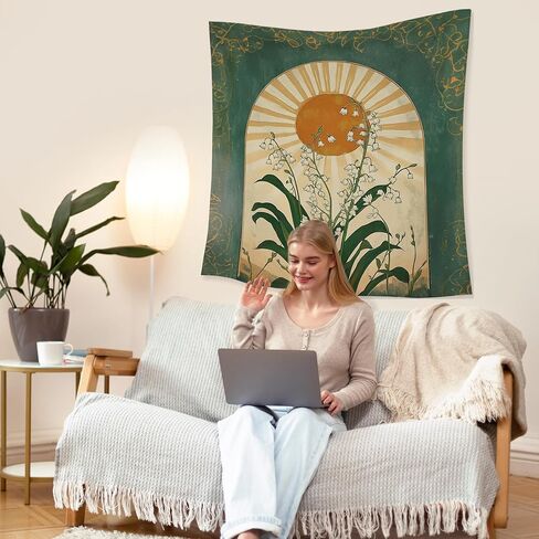HUGANE الزمرد الأخضر زنبق الوادي بوهو نسيج الشمس، باطني الشعبية النباتية الجدار المفروشات، خمر بوهو أشعة الشمس زهرة شنقا جدار ديكور لغرفة النوم غرفة المعيشة مكتب المنزل in Kuwait