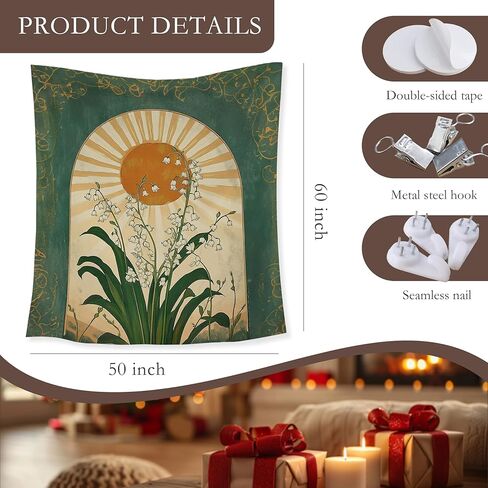 HUGANE الزمرد الأخضر زنبق الوادي بوهو نسيج الشمس، باطني الشعبية النباتية الجدار المفروشات، خمر بوهو أشعة الشمس زهرة شنقا جدار ديكور لغرفة النوم غرفة المعيشة مكتب المنزل in Kuwait
