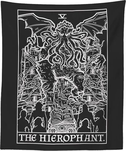 The Hierophant Tarot Card Tapestry (Black & White) - Cthulhu - Vintage Horror Home Decor Wall Hanging (80" x 68") in Kuwait