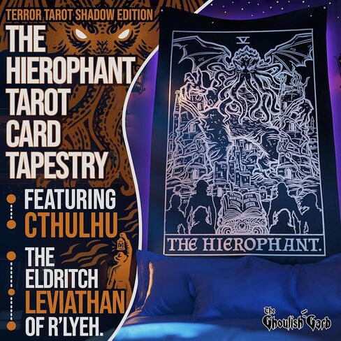 The Hierophant Tarot Card Tapestry (Black & White) - Cthulhu - Vintage Horror Home Decor Wall Hanging (80" x 68") in Kuwait