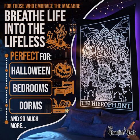 The Hierophant Tarot Card Tapestry (Black & White) - Cthulhu - Vintage Horror Home Decor Wall Hanging (80" x 68") in Kuwait