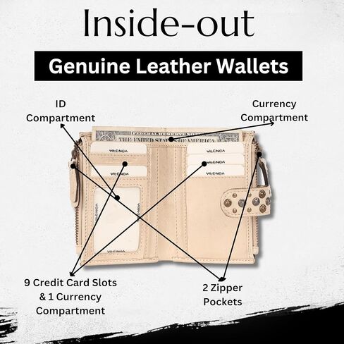 4.75 Inch Genuine Italian Leather Boho Studded Bifold Wallet – Zipper Coin Purse & Credit Card Holder for Women (Beige) in Saudi Arabia