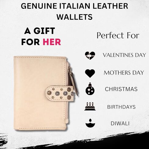 4.75 Inch Genuine Italian Leather Boho Studded Bifold Wallet – Zipper Coin Purse & Credit Card Holder for Women (Beige) in Saudi Arabia