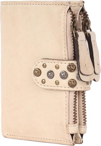 4.75 Inch Genuine Italian Leather Boho Studded Bifold Wallet – Zipper Coin Purse & Credit Card Holder for Women (Beige) in Saudi Arabia