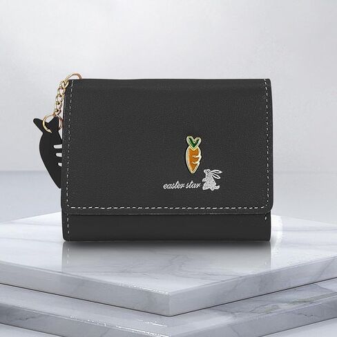 Women Wallet, PU Leather Small Wallet Cute Ladies Purse with a Carrot Pendant, Multiple Slots Card Purse(Black) in Saudi Arabia