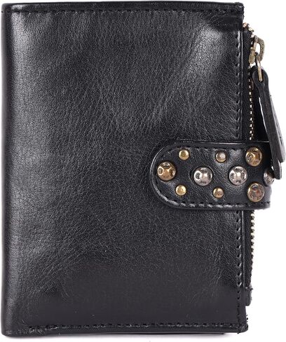 4.75 Inch Genuine Italian Leather Boho Studded Bifold Wallet – Zipper Coin Purse & Credit Card Holder for Women (Beige) in Saudi Arabia