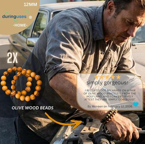 duringuses® Olive Wood Beads Bracelet Set (2 Pack) – 12mm Handmade Holy Land Wooden Bracelets from Jerusalem & Bethlehem – Natural Olive Wood Stretch Bracelets, Unisex Spiritual Gift in Saudi Arabia