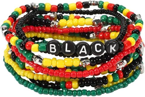Multilayered Resin Beaded African Bangle Bracelet Stackable Juneteenth African Seed Beads Bracelets Yellow Black Green Red Strech Bangle Bohemian Ethnic Tribal Jamaican Africa Jewelry in Saudi Arabia