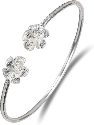 Flower Hibiscus Solid .925 Sterling Silver Bangle Cuff Bracelet Large For Women Jewelry Stretch Bracelets Friendship Gift Birthday Gifts West Indian Bangle, 1 piece in Saudi Arabia