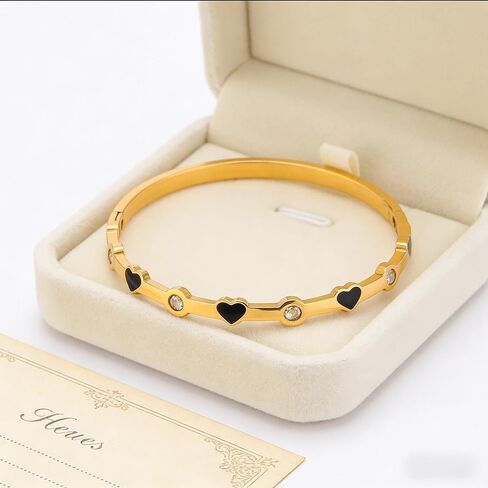 18K Gold Plated Bracelets for Women Mesh Link Chain rhinestone Oval Bangle Stackable Women'S Bangle Bracelet Black Heart Fashion Jewelry Perfect For Gift in Saudi Arabia