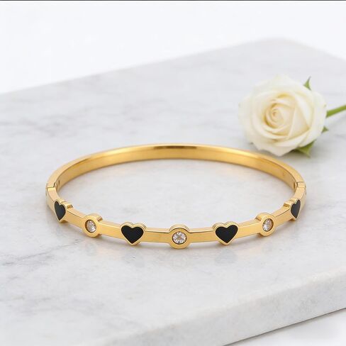 18K Gold Plated Bracelets for Women Mesh Link Chain rhinestone Oval Bangle Stackable Women'S Bangle Bracelet Black Heart Fashion Jewelry Perfect For Gift in Saudi Arabia