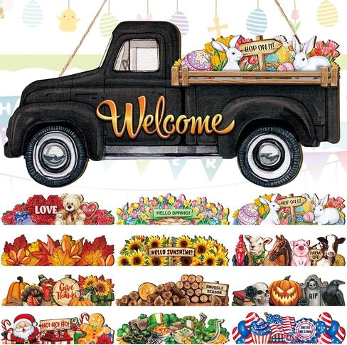 Ferraycle Interchangeable Welcome Sign Truck Decor Hanging Sign Farmhouse Seasonal Welcome Signs Rustic Interchangeable Holiday Decor with 12 Holiday Icons for Spring Summer(Blue Lateral Style) in Saudi Arabia