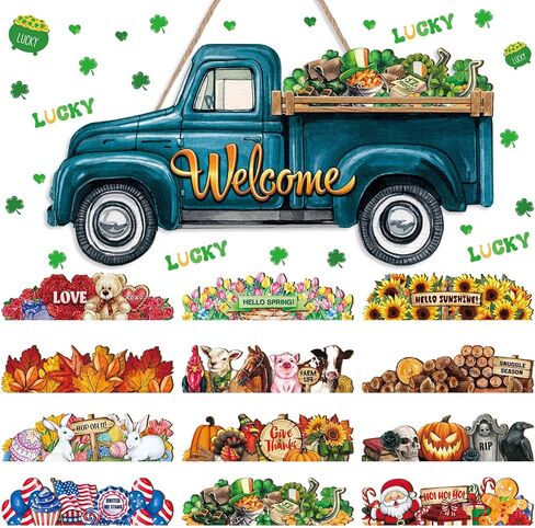 Ferraycle Interchangeable Welcome Sign Truck Decor Hanging Sign Farmhouse Seasonal Welcome Signs Rustic Interchangeable Holiday Decor with 12 Holiday Icons for Spring Summer(Blue Lateral Style) in Saudi Arabia