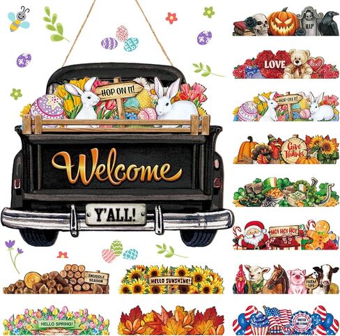 Ferraycle Interchangeable Welcome Sign Truck Decor Hanging Sign Farmhouse Seasonal Welcome Signs Rustic Interchangeable Holiday Decor with 12 Holiday Icons for Spring Summer(Blue Lateral Style) in Saudi Arabia