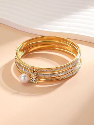 7PCS Gold Bangle Bracelets for Women, Stackable Glitter Bangles Set with Pearl and Butterfly Charms, Elegant Jewelry for Party and Daily Wear in Saudi Arabia