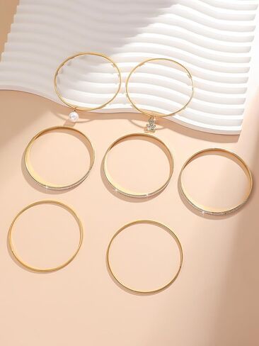 7PCS Gold Bangle Bracelets for Women, Stackable Glitter Bangles Set with Pearl and Butterfly Charms, Elegant Jewelry for Party and Daily Wear in Saudi Arabia