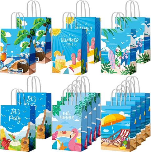 30 Pcs Summer Beach Goodie Bags Summer Gift Bags Beach Treat Paper Bags Summer Pool Beach Snacks Candy Bags with Handle for Hawaii Theme Kids Adults Birthday Baby Shower Favors, 8.3 x 5.9 x 3.1 Inch in Saudi Arabia