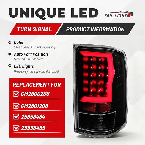 Tail Light w/C-Type LED Pair Compatible with 2007-2013 GMC Sierra 1500 2007-2014 GMC Sierra 2500HD 3500HD Replacement for GM2800208 GM2801208 Rear Lamp Clear Lens+Black Housing in Saudi Arabia