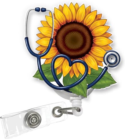 Sunflower Stethoscope Badge Reel – Floral Retractable ID Holder with Alligator Clip for Nurse, Nursing Student, Teacher, Office & Clinic Staff in Kuwait