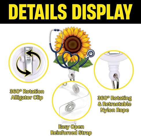 Sunflower Stethoscope Badge Reel – Floral Retractable ID Holder with Alligator Clip for Nurse, Nursing Student, Teacher, Office & Clinic Staff in Kuwait