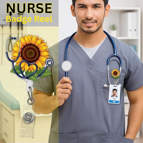Sunflower Stethoscope Badge Reel – Floral Retractable ID Holder with Alligator Clip for Nurse, Nursing Student, Teacher, Office & Clinic Staff in Kuwait