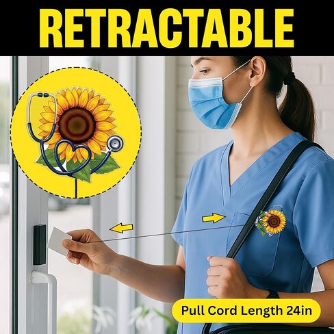 Sunflower Stethoscope Badge Reel – Floral Retractable ID Holder with Alligator Clip for Nurse, Nursing Student, Teacher, Office & Clinic Staff in Kuwait