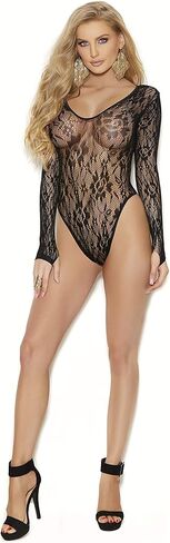 Sexy Long Sleeve Thong Back Lace Teddy with A Snap Crotch(One Size, Black) in Kuwait